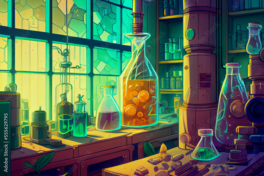 Futuristic scientific laboratory, biology and chemistry research lab, experiment and study room, generative ai illustration