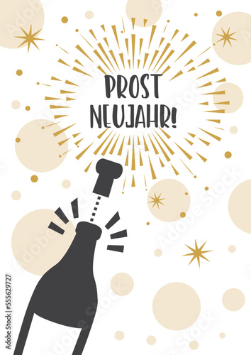 Canvas Print Prost Neujahr - Neujahrsgrüße deutscher Text mit Sektflasche und Feuerwerk