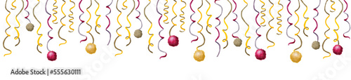 Confetti ribbons garland with pompons horizontal banner for birthday, Purim celebration designs. Watercolor illustration