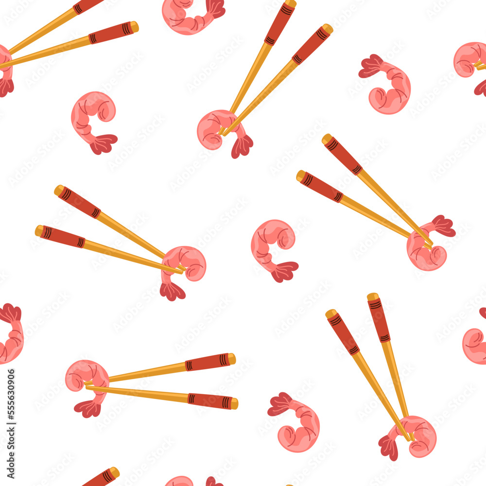 Shrimp in chopsticks seamless pattern. Cooked tiger prawn. Asian food background. Perfect for restaurant cafe and print menus. Vector hand draw cartoon illustration. Shrimp in chopsticks seamless pattern. Cooked tiger prawn. Asian food background. Perfect for restaurant cafe and print menus. Vector hand draw cartoon illustration.