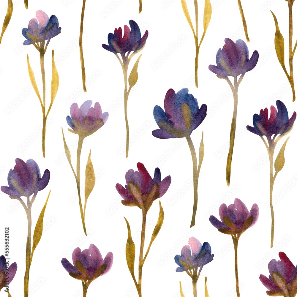 Seamless floral pattern of watercolor violet flowers on a white background. Hand drawn blooming iris for delicate textile design.