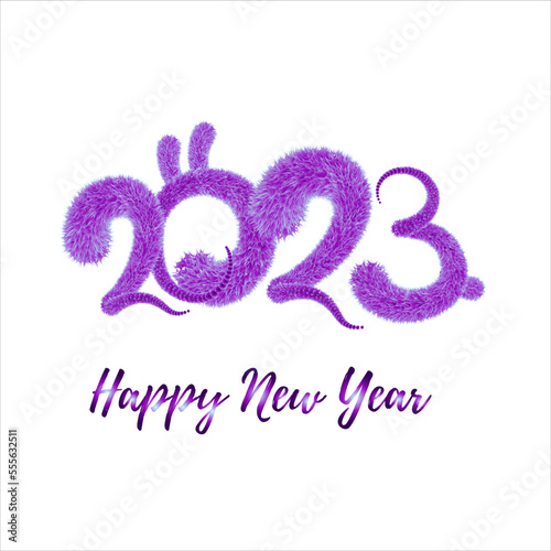 2023 year of the rabbit according to the eastern horoscope - vector fluffy inscription with rabbit ears and tail. New Year 2023, Symbol of the year.