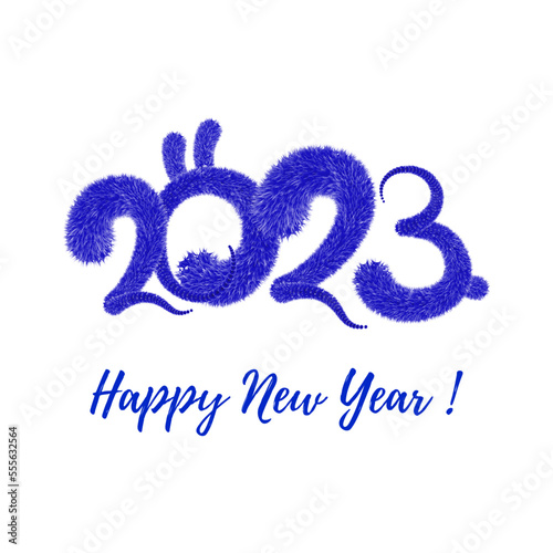 2023 year of the rabbit according to the eastern horoscope - vector fluffy inscription with rabbit ears and tail. New Year 2023, Symbol of the year.
