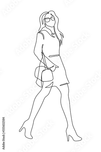 full length woman walks in a coat, wearing high heeled glasses and with a small handbag - one line drawing. woman fashionista walking