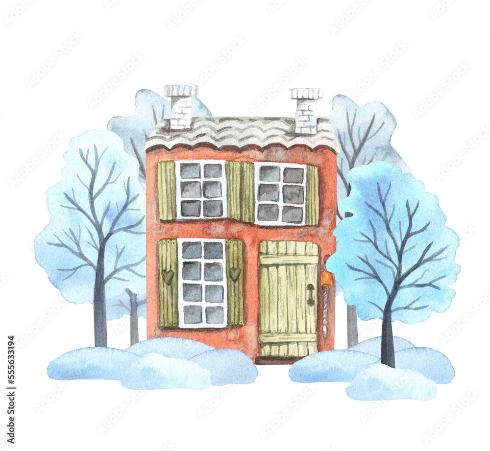 Hand painted watercolor illustration of a cozy town house in winter. Winter park, door, snow, trees, snowdrifts.