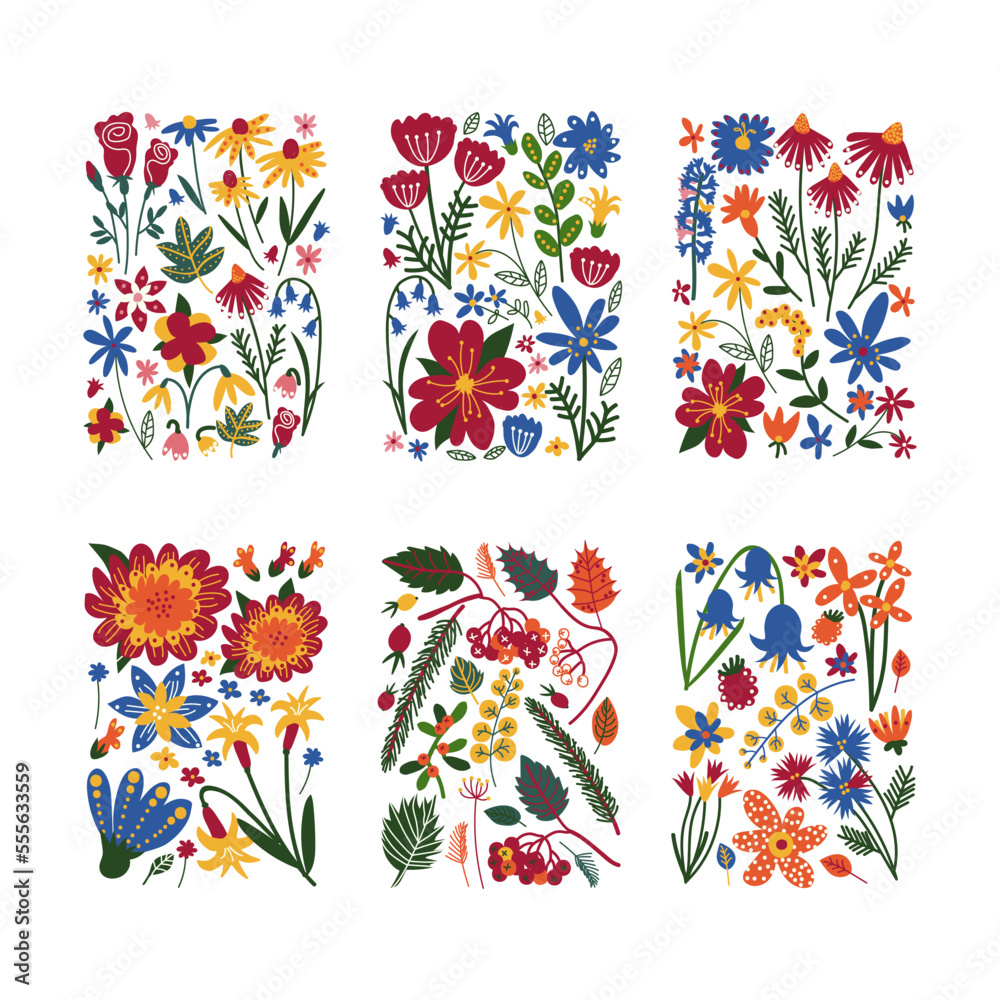 Floral Doodle Rectangular Shape with Colorful Flowers Vector Set