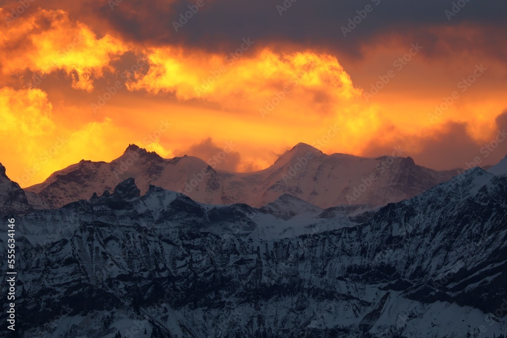 Sunrise in the Bernese Alps behind Lobhörner