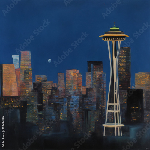 Illustration of Seattle Skyline at Night
