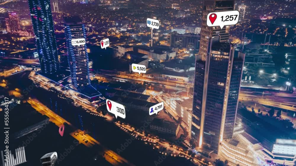 Social media and notification icons over the cities. social network concept. High quality 4k footage