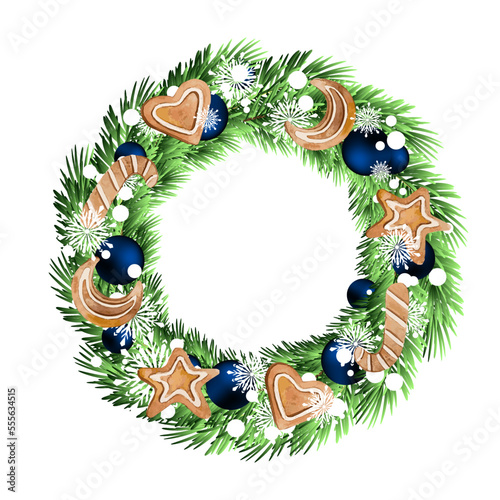 Christmas wreath with ribbon, snowflakes, toys and gingerbread cookies