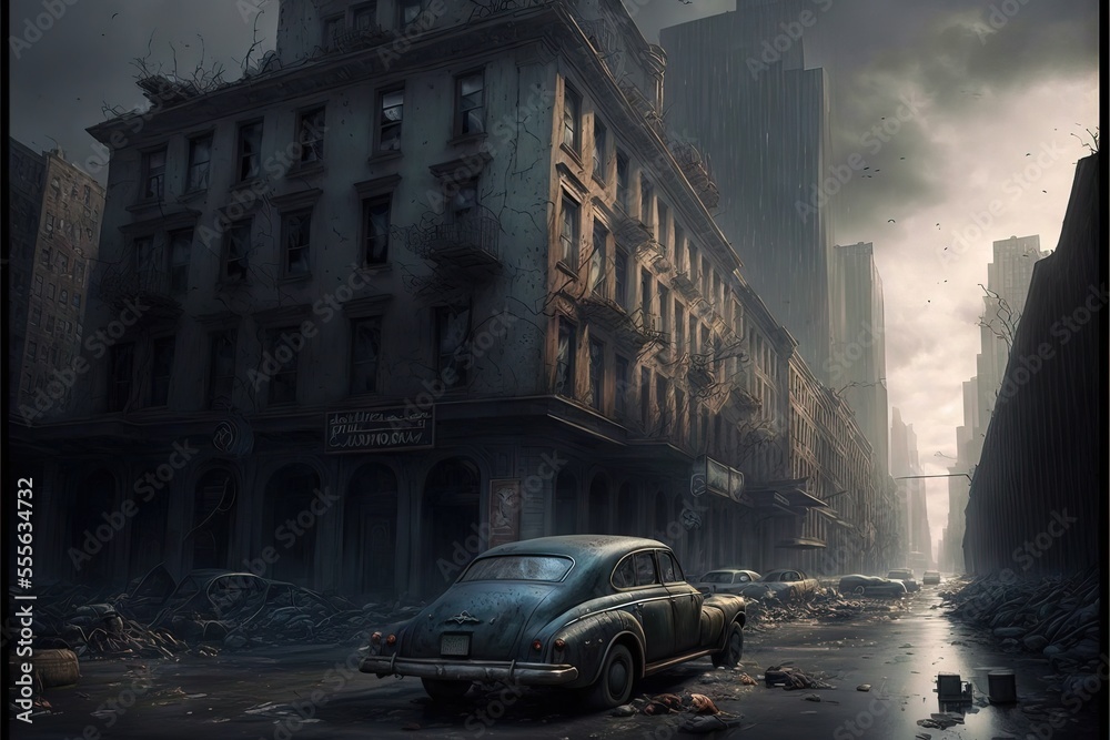 Abandoned City with an Abandoned House, and Abandoned Cars, in an Apocalyptic Scene with no humans or living animals