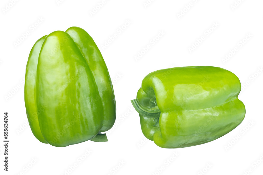 Set of fresh whole green bell pepper isolated on white background. With clipping path. Full depth of field. Focus stacking Set of fresh whole green bell pepper isolated on white background. With clipping path. Full depth of field. Focus stacking