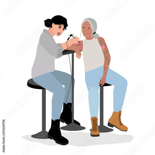 Illustration of modern older woman making tattoo