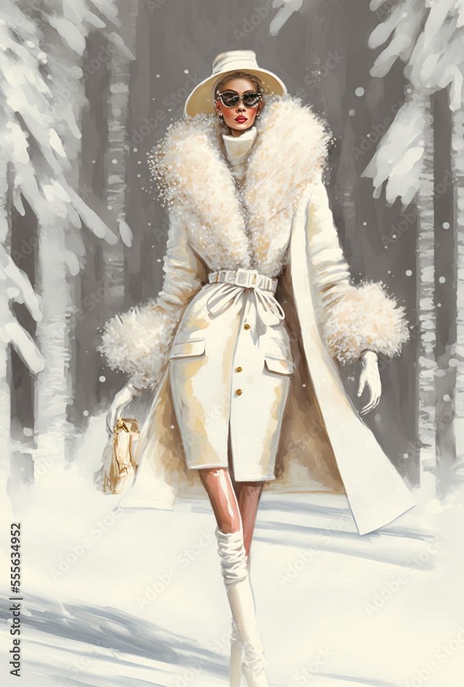 Winter Woman Outfit Fashion Illustration, Elegant Snow Outfit