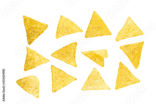 Flying mexican nachos chips, isolated on white background. With clipping path. Full depth of field. Focus stacking