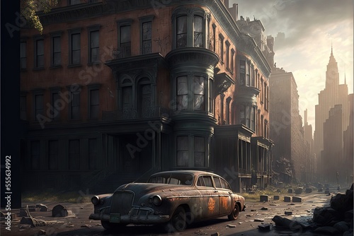 Abandoned City with an Abandoned House, and Abandoned Cars, in an Apocalyptic Scene with no humans or living animals