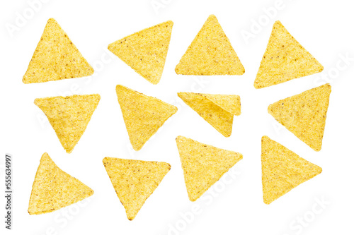 Flying mexican nachos chips, isolated on white background. With clipping path. Full depth of field. Focus stacking