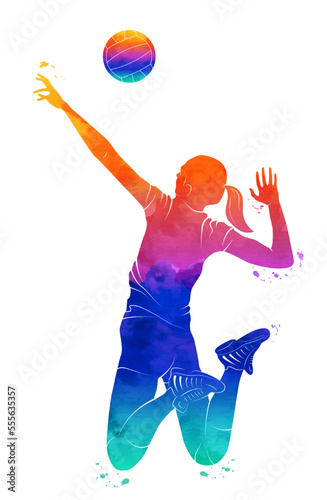 Women's volleyball. Vector illustration of a volleyball player with a ball drawn with paint drops. Sketch for creativity.