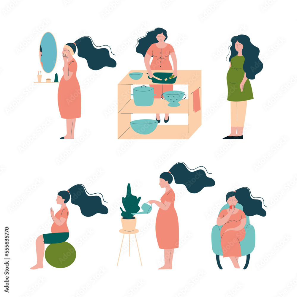 Pregnant Woman Lifestyle with Happy Expectant Mother During Pregnancy Vector Set