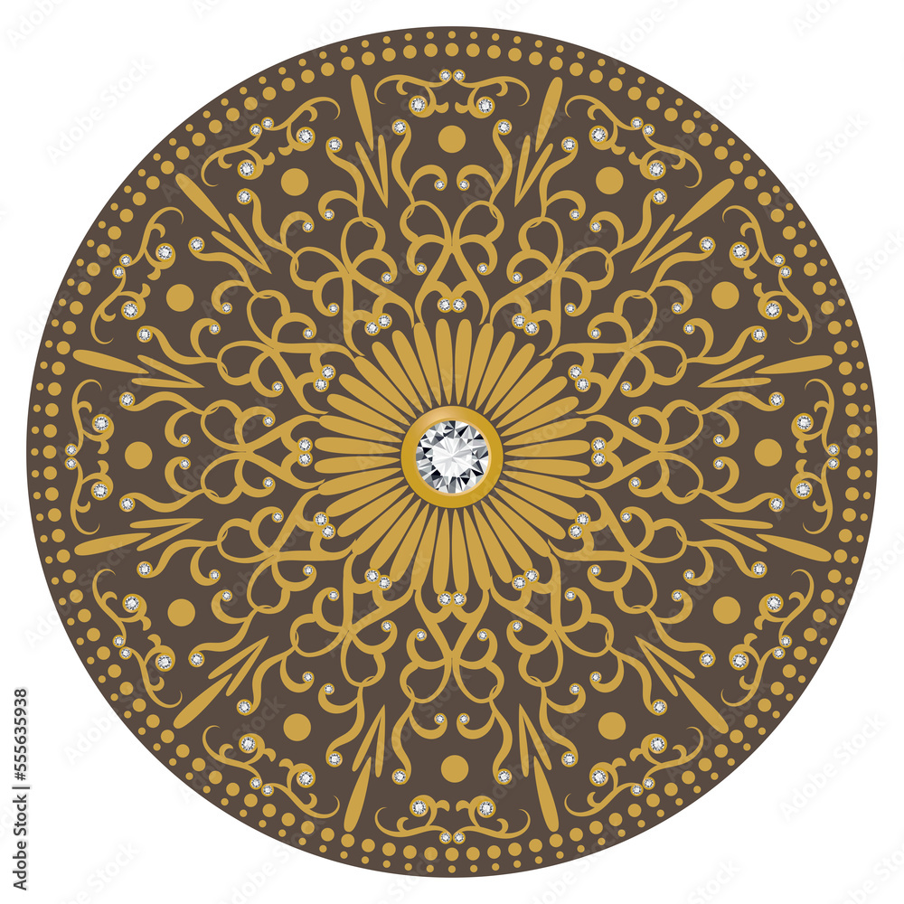 Mandala. Vintage greeting card with gold jewelry and diamond decoration on brown   background, wedding invitation or announcement PNG
