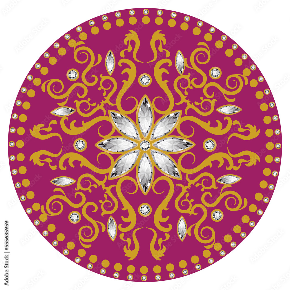 Mandala. Vintage greeting card with gold jewelry and diamond decoration on pink   background, wedding invitation or announcement PNG