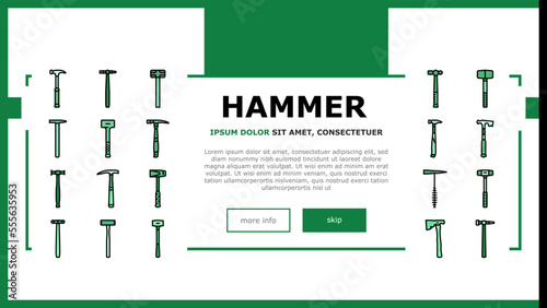 hammer tool construction landing web page vector. carpentry wood, equipment work, metal repair, mallet carpenter court, hand steel hammer tool construction Illustration