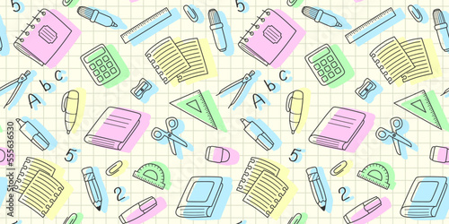 Black outline school supplies and office stationary and colored shadows on a notebook sheet in a cell. Back to school endless texture, education and business concept. Vector seamless pattern for print