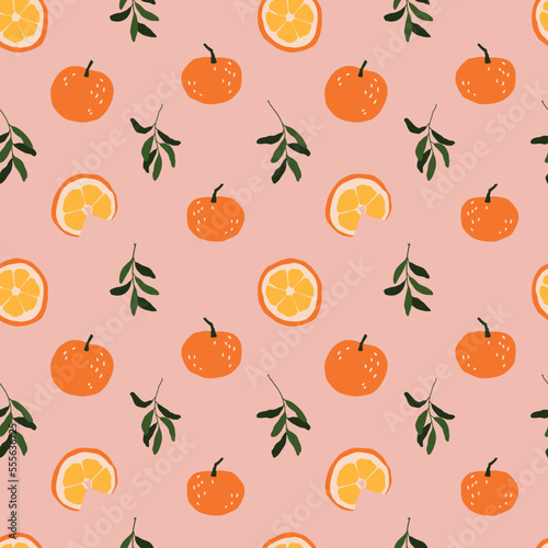 Vector winter delicious oranges, leaves and slices seamless pattern. Hand painted orange fruits illustration. Cozy cute flat fruit premade wallpaper, wrapping paper, background texture