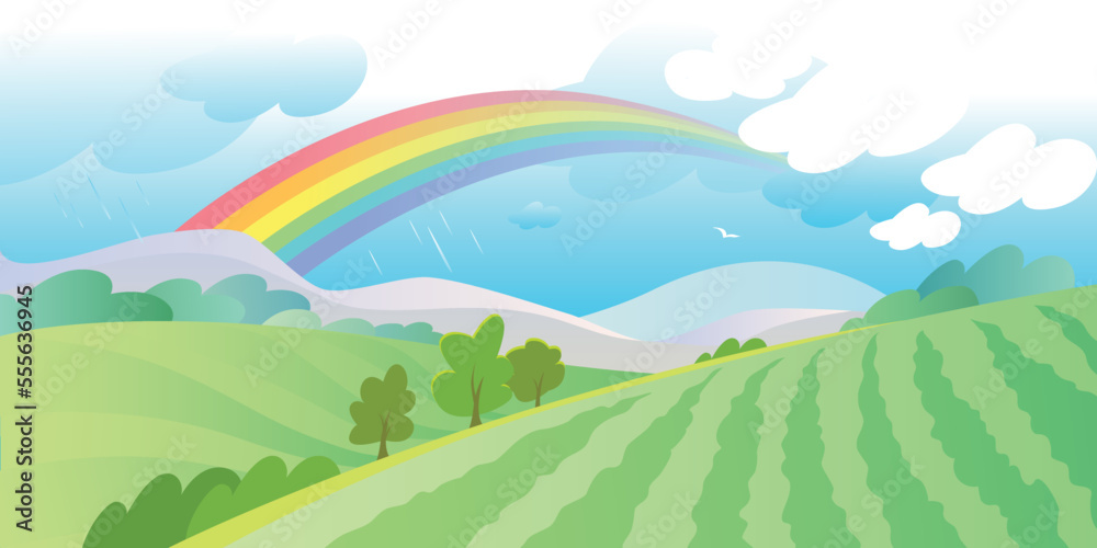 Bright gentle landscape of a valley with hills and trees, weather after rain with a rainbow. Vector illustration