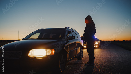 Bilde på lerret Black Female Police Officer Stepping Out of Patrol Car and Heading Towards a Pulled over Car