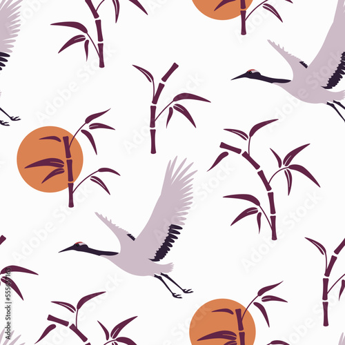 seamless pattern with bamboo and crane birds 