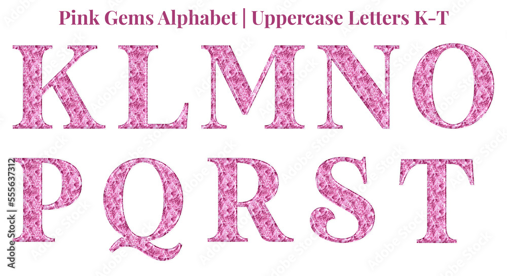 Pink gems alphabet set, includes font or letters in uppercase and lowercase, numbers, punctuation marks, and symbols
