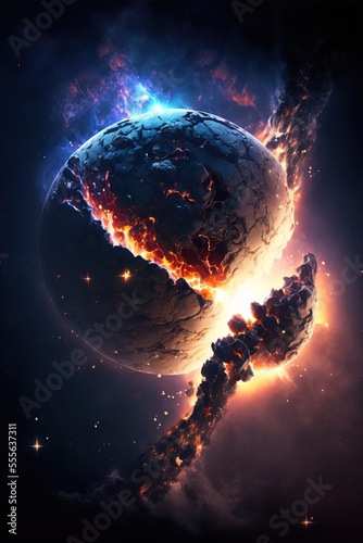 Planet explosion. Earth destruction. Meteor disaster. Planet earth exploding and shattering in half. Meteor storm. Outer space explosions, meteors, planets and stars.