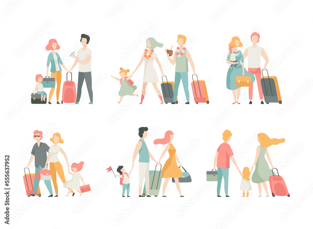 Family Travelling with Kids Pulling Suitcase Holding Child by Hand Vector Set