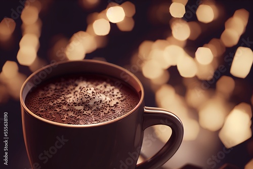 A Cup of Hot Chocolate with a Bokeh Light Background (Generative AI)