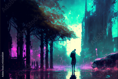 Man in rural part of night neon city oil dripping digital art ai-generated