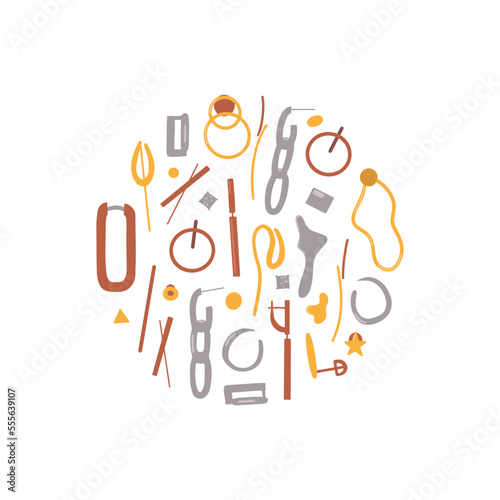 Card with precious jewelry and bijouterie. Modern base gold and silver earrings. Flat design vector illustration