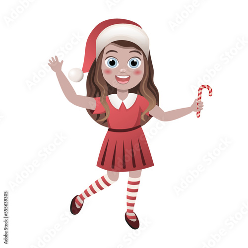 Beautiful little girl with Christmas cane. Children wear Christmas costume cartoon character. Christmas elf character. Santa Claus helpers cartoon cute elves fun characters. Santa's helper