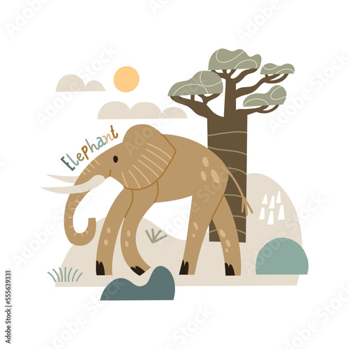 Fashionable elephant print. Vector safari composition in hand drawn style. Ve...
