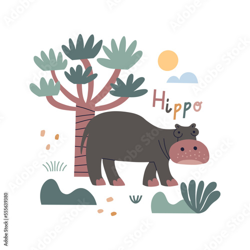 Vector illustration with a hippo. Children's safari print in hand drawn style.