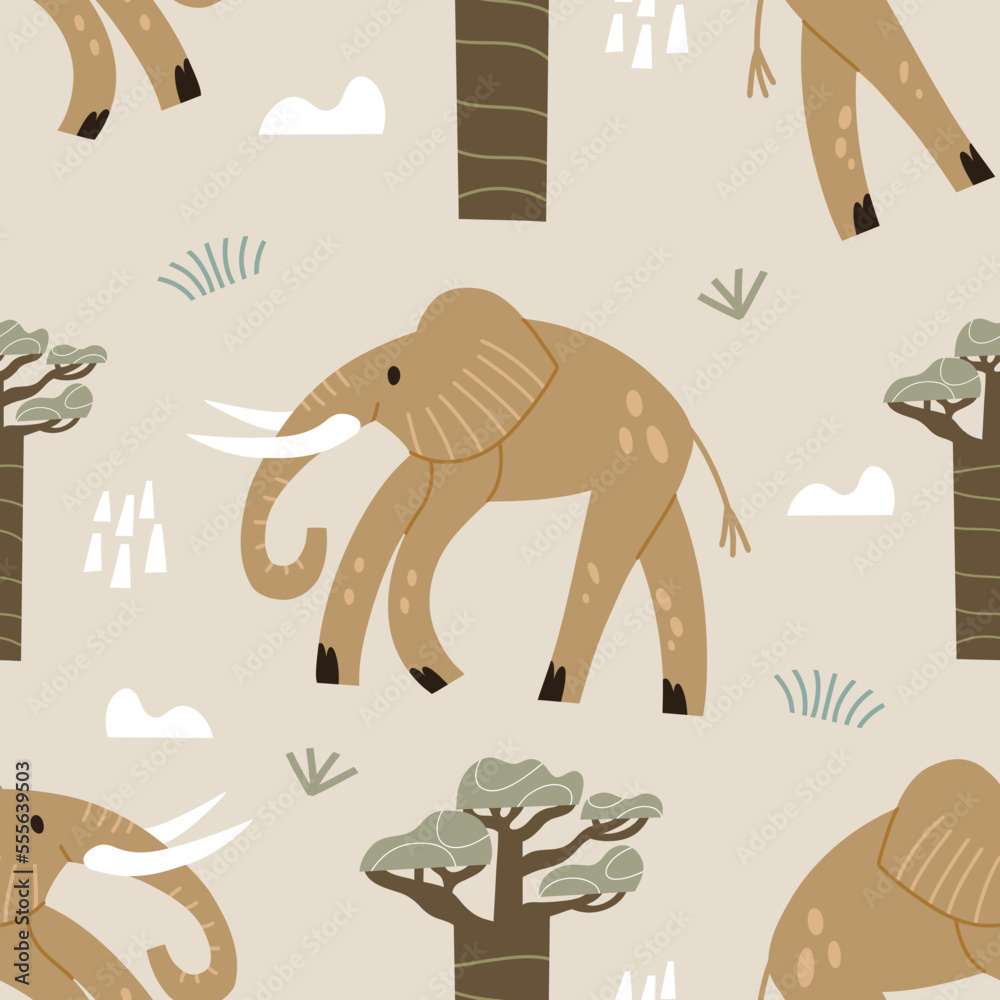 Obraz premium Seamless pattern with elephant. Children's safari background in hand drawn style.