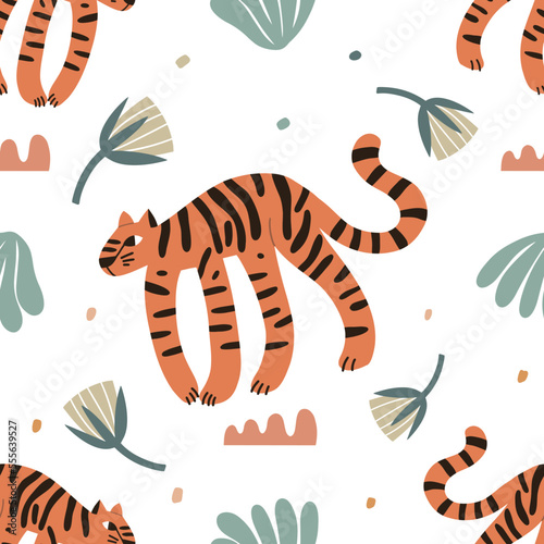 Seamless pattern with a tiger on a white background. Children's fashion print for textiles and wallpaper.