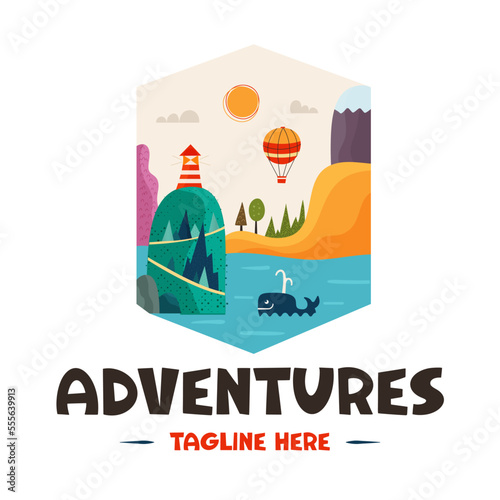 Adventure badge design with whale, mountain landscape and quote-adventures. Travel logo graphics. Stock vector camping label