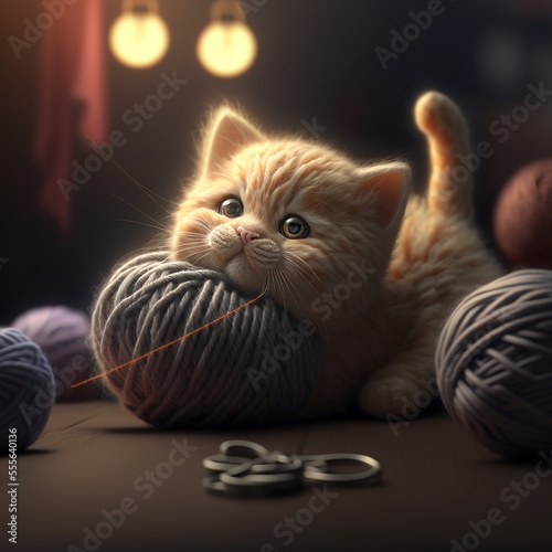 gattino che gioca con un gomitolo di lana photo