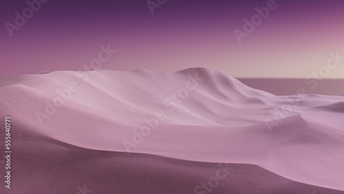 Rolling Sand Dunes form an Empty Desert Landscape. Night Background with Purple Gradient Starry Sky.