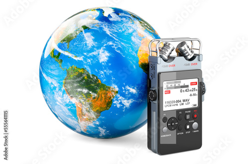 Digital voice recorder with Earth Globe, 3D rendering photo