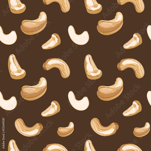 Cashew nuts hand drawn seamless pattern. Cashew chokolate, milk packaging, cover. Plant based dairy free, organic, natural product. Vector illustration for wallpaper, fabric, textile.