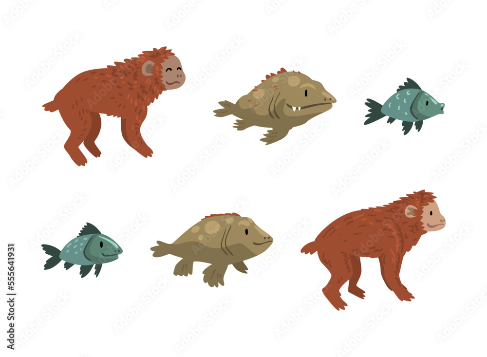 Monkey or Primate and Fish as Human Evolution Stage and Gradual Development Vector Set