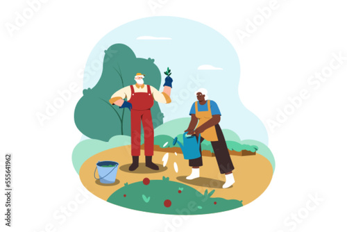 Flat happy senior man and woman gardening. Grandparents planting and watering plants. Retired gardeners in garden. Recreation, leisure activities, active lifestyle or hobby of age people in retirement