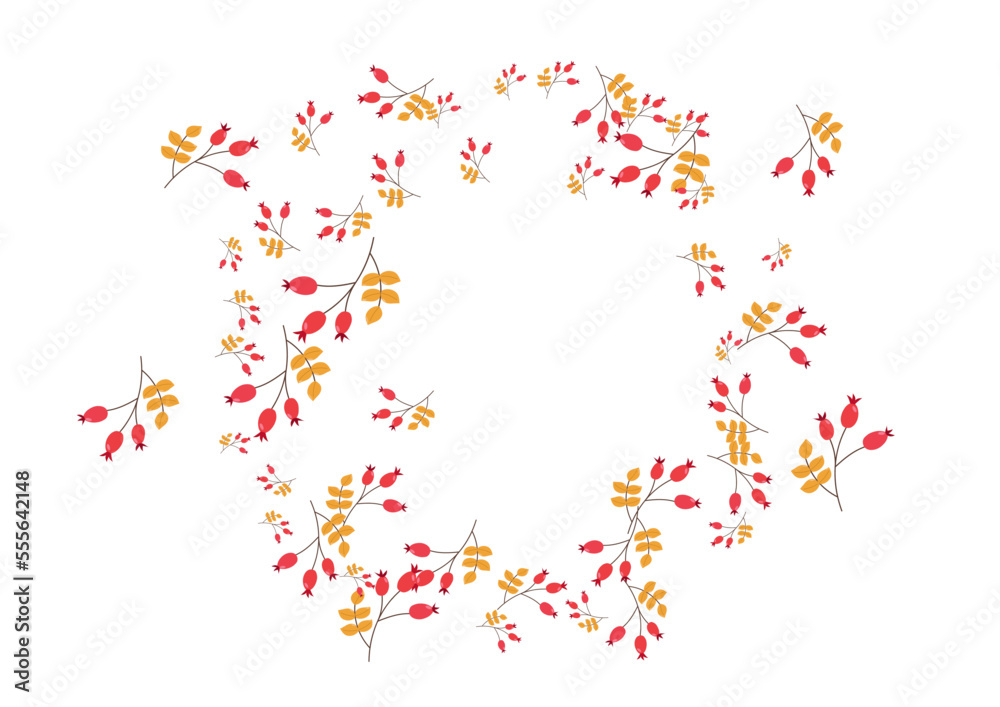 Yellow Leaf Background White Vector. Foliage Vibrant Texture. Red Leaves Border. Tree Design. Herb Image.